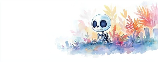 Fototapeta premium Petite skeletal creature with hollow eyes, floating in a misty graveyard, watercolor style, muted pastels, eerie calm