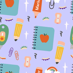 School elements seamless pattern isolated on light blue background. Trendy pattern of school elements for wrapping paper, wallpaper, stickers, notebook cover.