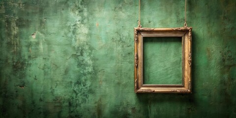 Vintage frame hanging on distressed green wall , vintage, frame, wall, distressed, green, antique, retro, background, interior