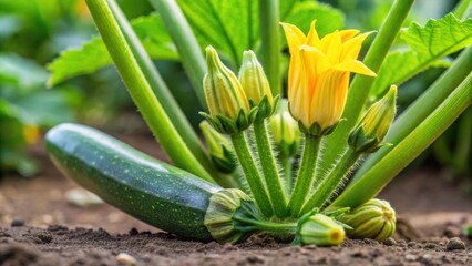 Courgette plant with beautiful yellow flower above small developing courgettes, Courgette, plant, flower, yellow, small