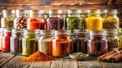 Glass jars filled with a variety of colorful spices in a kitchen , spices, herbs, flavor, seasoning, cooking