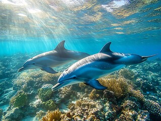 Fototapeta premium Two dolphins swimming gracefully over a vibrant coral reef in crystal clear water with sun rays penetrating the surface.