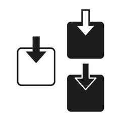 Download arrow icon. Black and white arrows. Square and round shapes. Minimalist vector symbols.