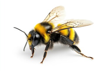 Bee yellow and black on white plain background, isolated , ai