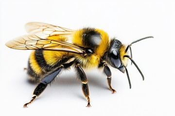 Bee yellow and black on white plain background, isolated , ai
