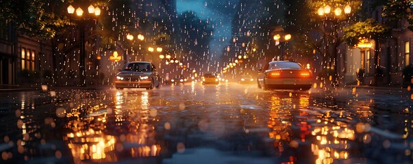 A rainy city street scene reflecting lights and cars in puddles.