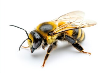 Bee yellow and black on white plain background, isolated , ai