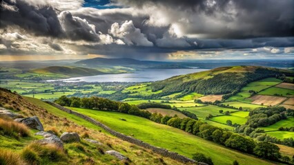 Obraz premium Grey cloudy sky over rolling green hills and vegetation in Slieve Gullion