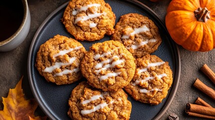 Delicious pumpkin spice cookies with icing on a plate, surrounded by autumn decorations like cinnamon sticks and pumpkins.