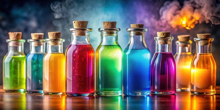 Colorful potion bottles filled with various colored liquids, magic, elixir, fantasy, alchemy, glass, vial, potion