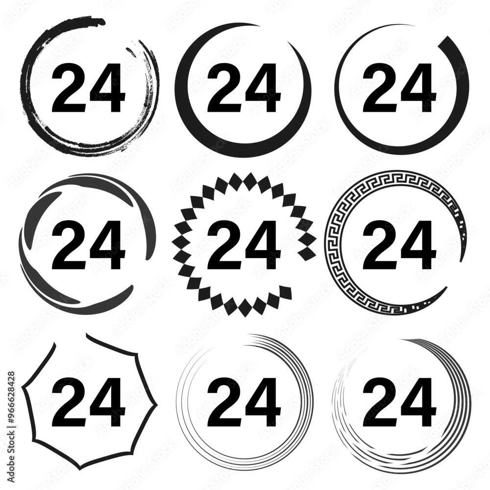 Poster number 24 icon set. circular badge designs. abstract frames with decorative borders. minimalist vect