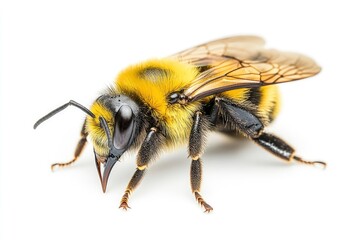 Bee yellow and black on white plain background, isolated , ai