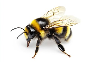 Bee yellow and black on white plain background, isolated , ai