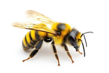 Bee yellow and black on white plain background, isolated , ai