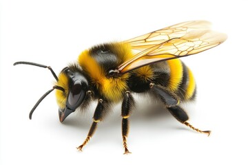 Bee yellow and black on white plain background, isolated , ai