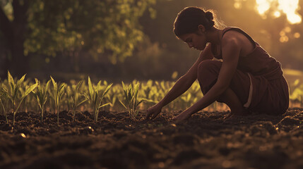 A powerful scene depicting a man planting seeds in a fertile field