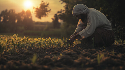 A powerful scene depicting a man planting seeds in a fertile field