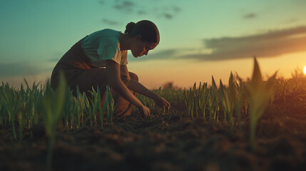 A powerful scene depicting a man planting seeds in a fertile field
