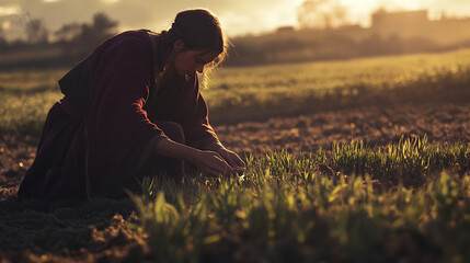 A powerful scene depicting a man planting seeds in a fertile field