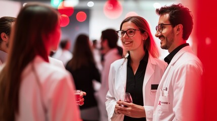 Healthcare professionals networking at a conference, smiling and engaging in conversation while wearing lab coats.