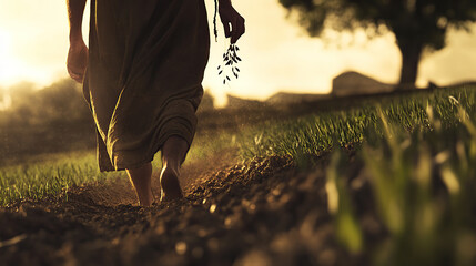 A powerful scene depicting a man planting seeds in a fertile field