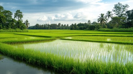 Paddy Fields Under a Cloudy Sky