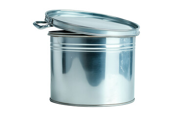 A high-quality image of an open metal tin can with its lid placed beside it.