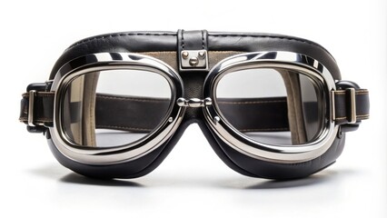 Vintage style black aviation goggles with chrome inserts, front view , aviation, goggles, black, vintage, chrome
