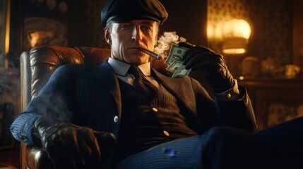 Obraz premium Man in dark suit and cap sitting in leather chair, smoking cigar in dimly lit vintage interior with warm light and old-fashioned decor.