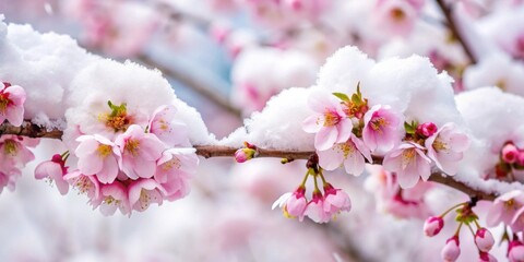 Snow-covered cherry blossoms in bloom, a close-up shot capturing the clash of seasons, snow, cherry blossoms, blooms, close-up