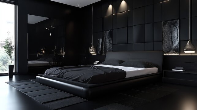Modern black bedroom interior design with stylish furnishings and chic decor, featuring elegant lighting and a cozy bed setup.
