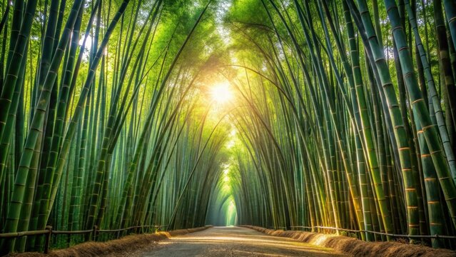 Tunnel of bamboo trees in forest with sunlight filtering through the leaves, bamboo, tunnel, trees, forest, sunlight, nature