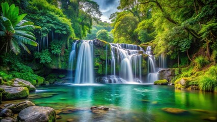 Obraz premium Breathtaking waterfall in lush rainforest with crystal-clear water cascading over mossy rocks, waterfall, rainforest, lush