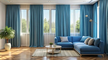 Fototapeta premium Blue curtains hanging in a modern living room , interior design, home decor, window treatment, drapes