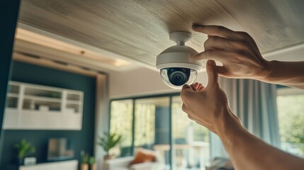 Person installing a security camera on a ceiling inside a modern home, enhancing safety and surveillance in the living environment.