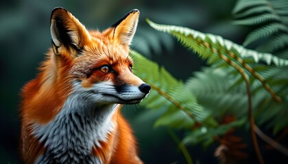 Stunning Portrait of a Red Fox Amidst Lush Ferns in Macro Detail