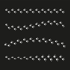 White bird footprints. Diagonal arrangement pattern. Minimalist vector icon. Black background.