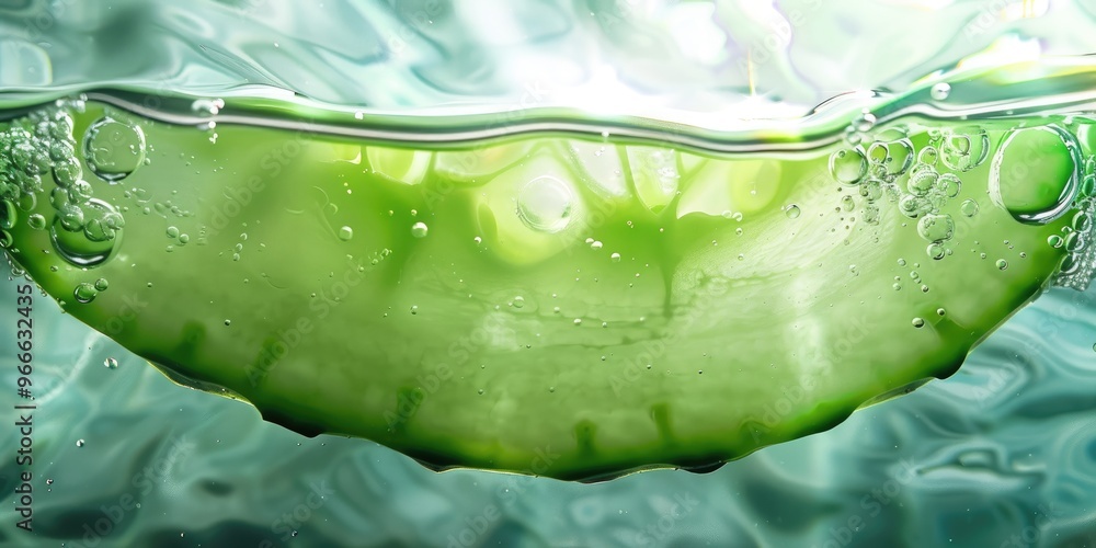Poster banner with copy space featuring a macro shot of a cucumber slice submerged underwater