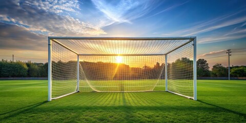 Fototapeta premium Net for football gates set up on a grass field , football, gates, net, soccer, goal, grass, sport, equipment, outdoor