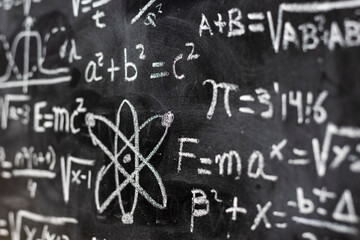 Operaciones matemáticas y formulas de física cuántica escritas a mano con una tiza en la pizarra