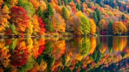 Obraz premium Autumn forest colors reflected beautifully in a tranquil lake, autumn, forest, reflection, lake, nature, scenery, tranquil, peaceful