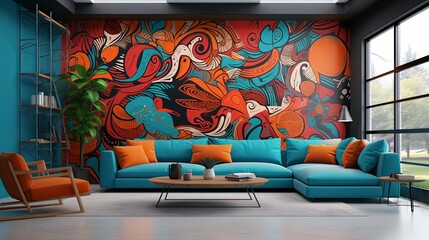 Modern Living Room with Blue Sofa and Abstract Wall Art