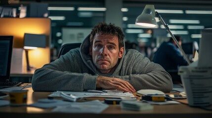 Obraz premium Stressed man working late in an office, surrounded by paperwork, looking tired and overwhelmed under lamp light.