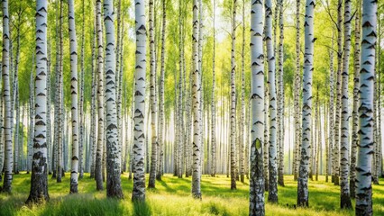 Obraz premium Birch grove filled with tall white trees on a sunny summer day, birch trees, grove, forest, nature, summer, sunlight, vertical