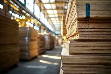 Obraz premium Stacked Plywood Sheets in a Factory Setting