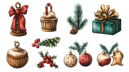 christmas holiday decorations gifts ornaments pine bows candy cane cupcake fir festive bells red green winter seasonal berries gold presents new year tree ribbons 