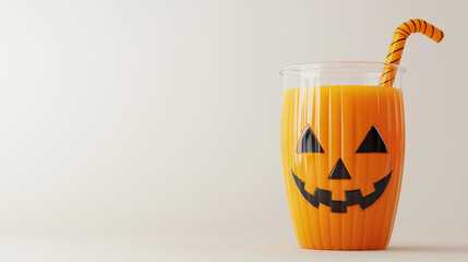 A Halloween themed cup filled with vibrant fruit juice showcases playful design, featuring classic jack o lantern face and striped straw, perfect for festive celebrations
