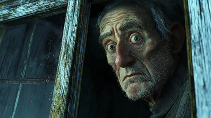 An elderly character with worried expression gazes out from weathered window, evoking sense of concern and contemplation. intricate details of his face and rustic setting enhance emotional depth of sc