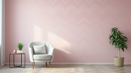 Minimalist Interior with Pink Wall, White Armchair, and Green Plants