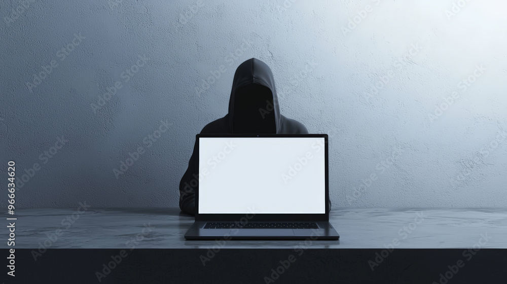 Poster a minimalist hacker workspace features blank laptop screen, creating an atmosphere of mystery and in